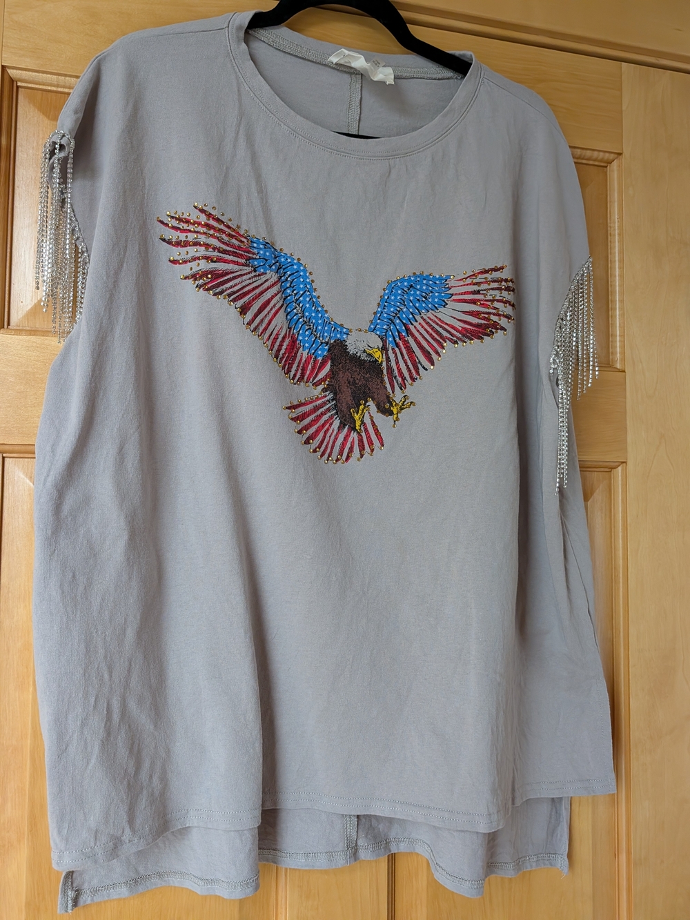 Fantastic Fawn Light Gray Tee with Beaded Fringe and Eagle Graphic
